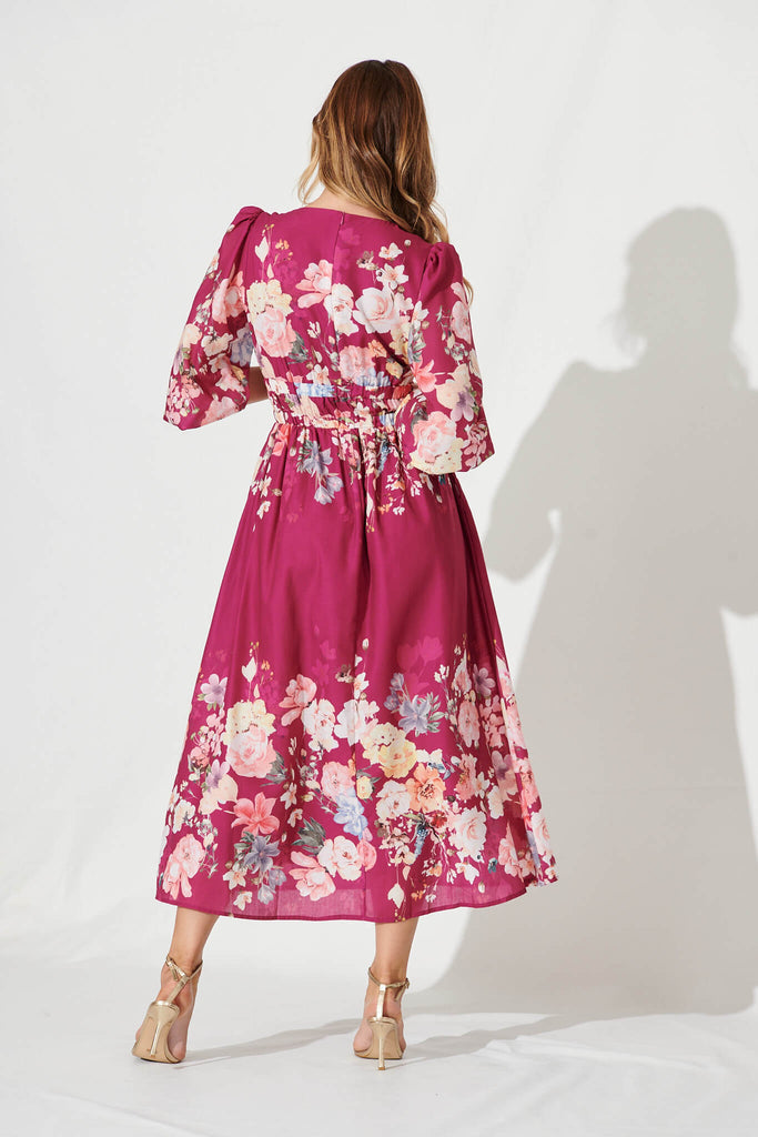 Camie Maxi Dress In Magenta With Blush Floral - back