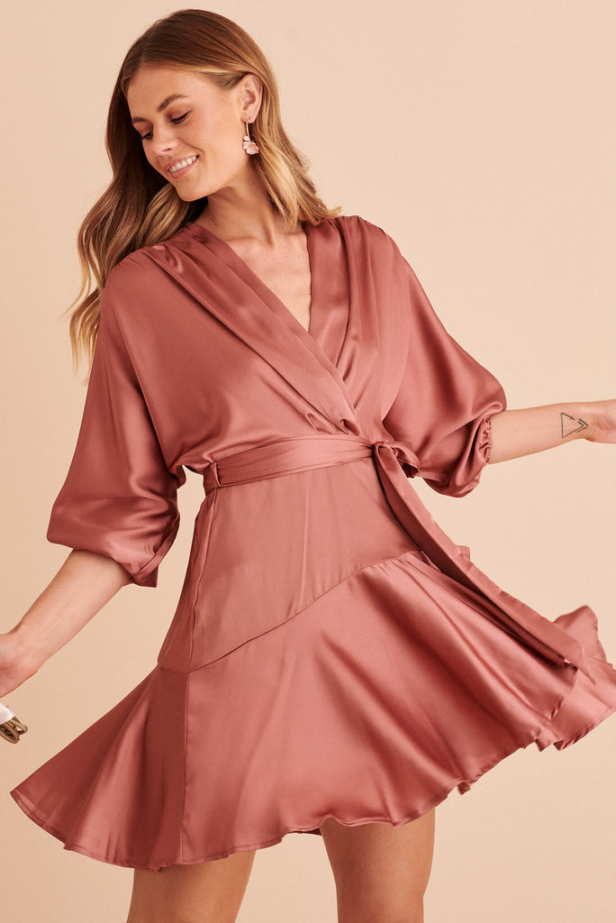 Brylie Dress In Dusty Pink Satin - front edm