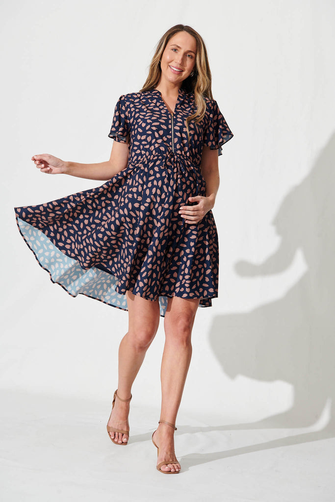Paulina Dress In Navy With Rust Leaf - full length