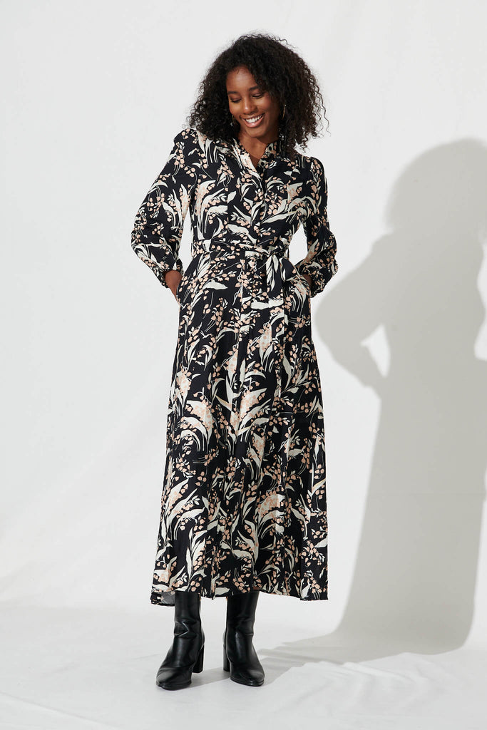 Lorie Maxi Shirt Dress In Black With Cream Leaf Cotton Blend - full length