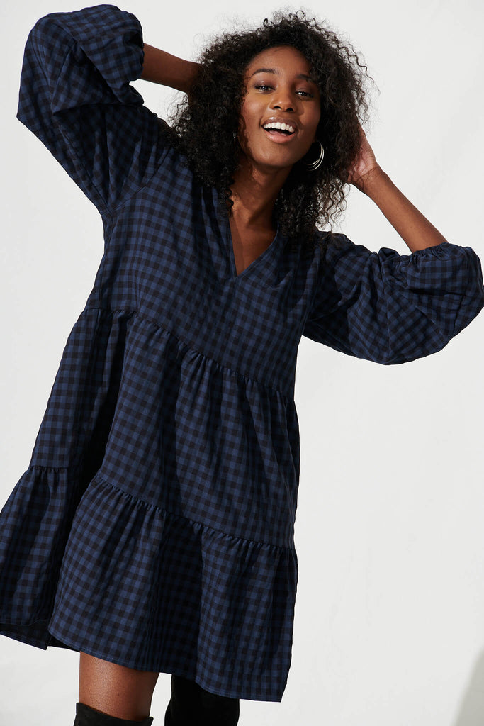 Ciaran Smock Dress In Navy And Black Gingham - front