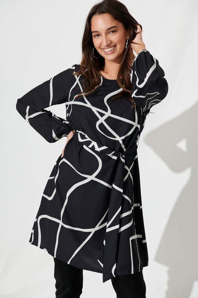 Sophie Dress In Black With White Print - front