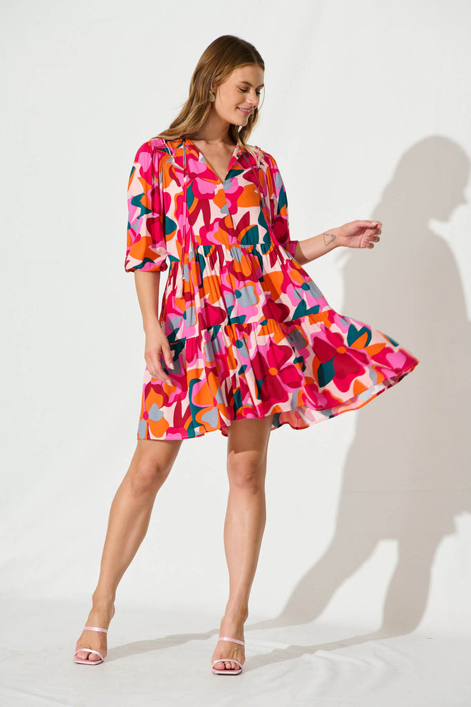 All Day Smock Dress In Bright Multi Floral Print - full length