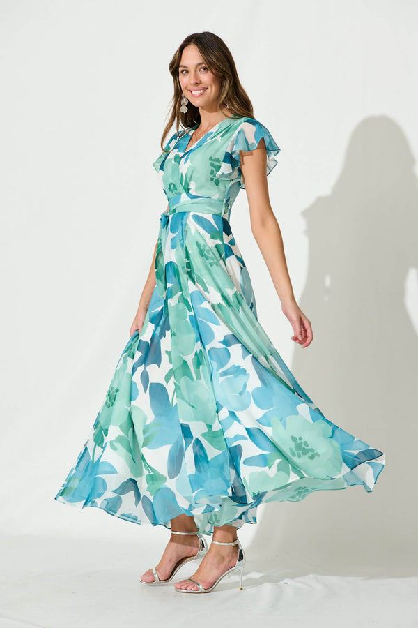 Wynter Maxi Dress In Green And Blue Floral Chiffon
