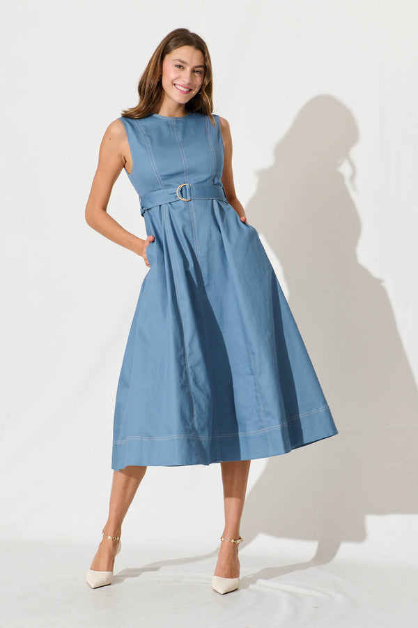 Doris Midi Dress In Blue Cotton – St Frock - Main Image