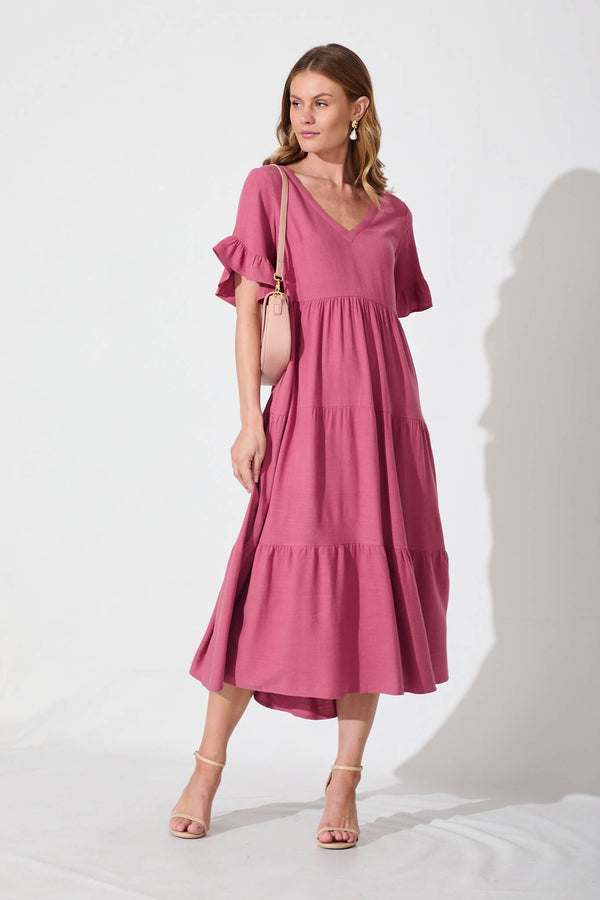 Avni Dress in Deep Rose Linen Blend