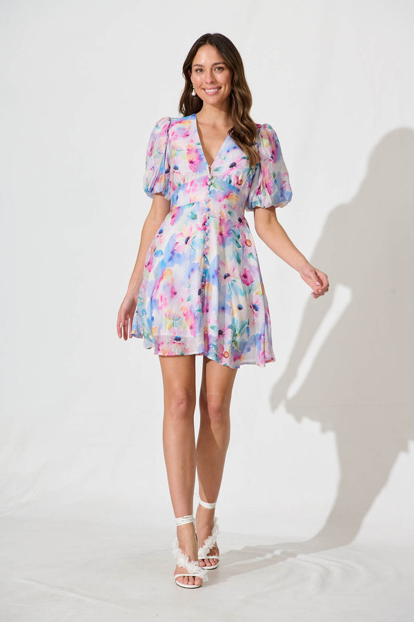 Clarissa Dress In White with Pastel Multi Floral