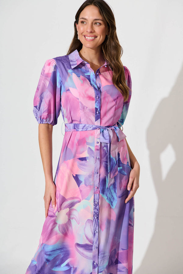 Gabriela Maxi Shirt Dress in Pink Floral Satin