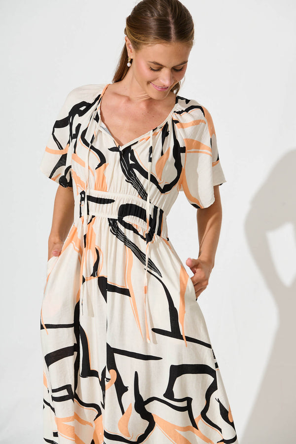 Bindi Midi Dress In Beige With Black Print – St Frock