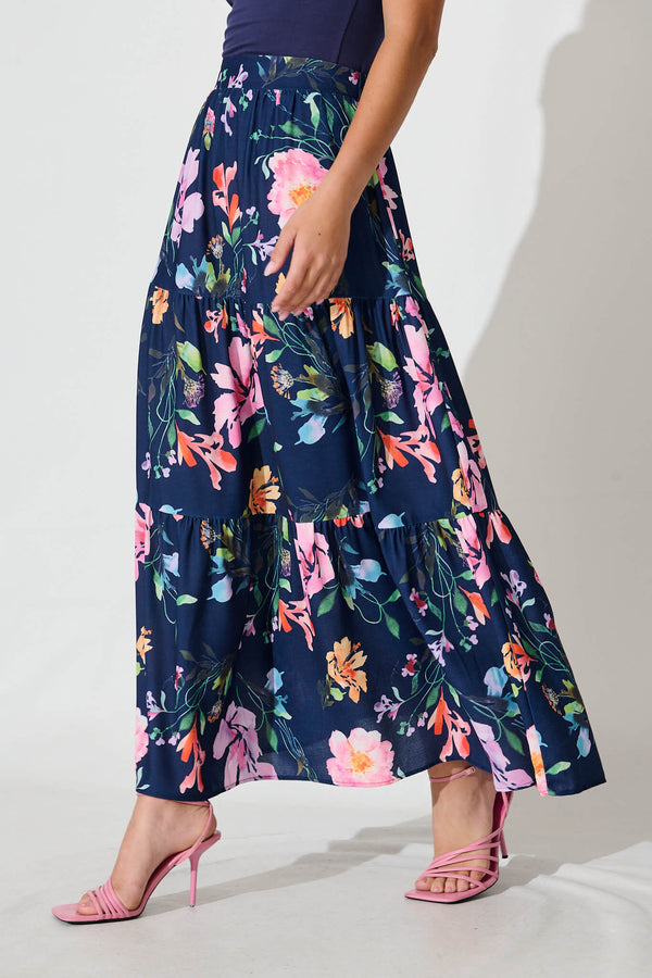 Lunar Moth Print Maxi Skirt (Navy) main image 1