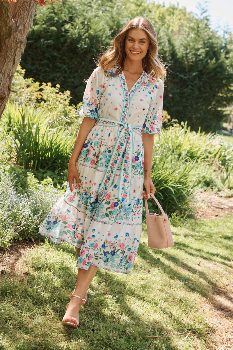 Pambula Maxi Dress In White With Pink And Blue Floral – St Frock