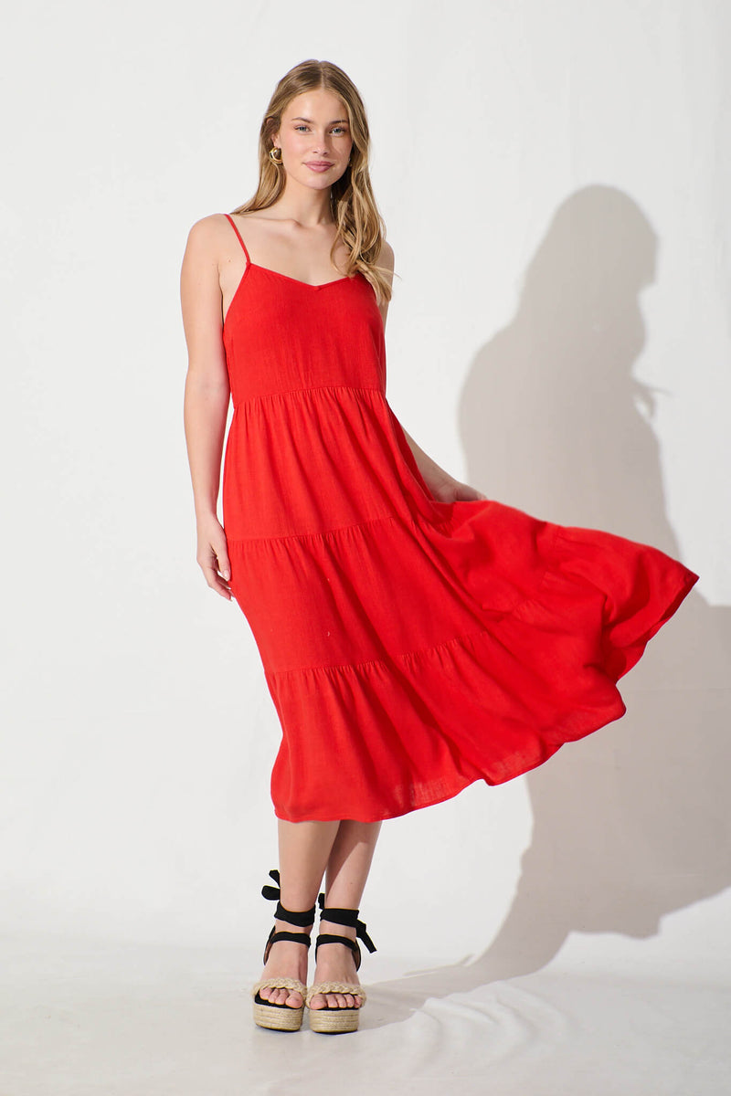 Utopia Midi Sundress in Red Linen Blend St Frock