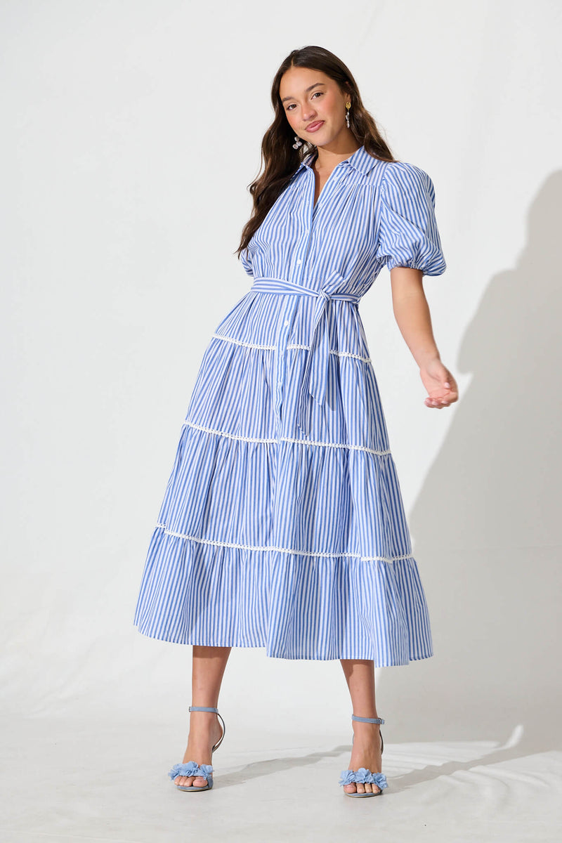 Riverina Midi Shirt Dress in Blue with White Stripe Cotton – St Frock