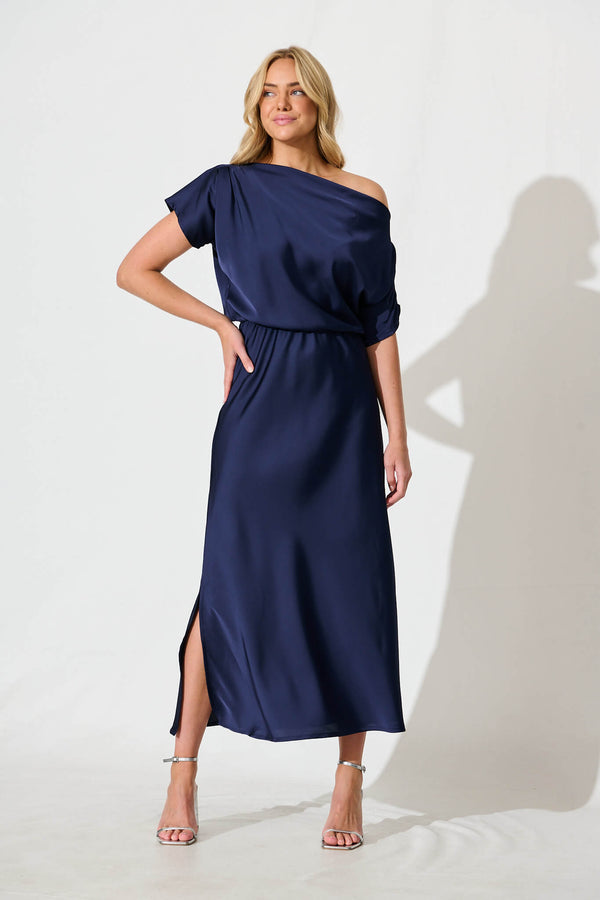 Sarita Maxi Off Shoulder Dress in Wine Floral Satin