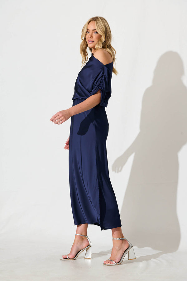 Sarita Maxi Off Shoulder Dress in Green with White Floral Satin main image 1