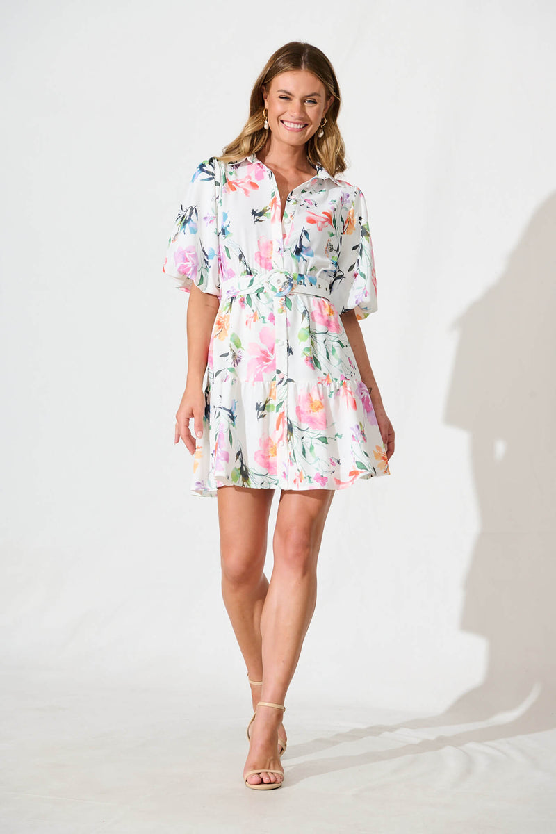 Courtly Single-breasted Floral Shirt Dress