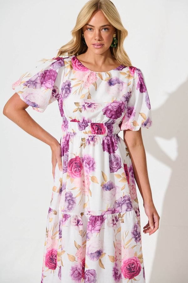 Stargazer Midi Dress in Multi Blue Floral Cotton Blend