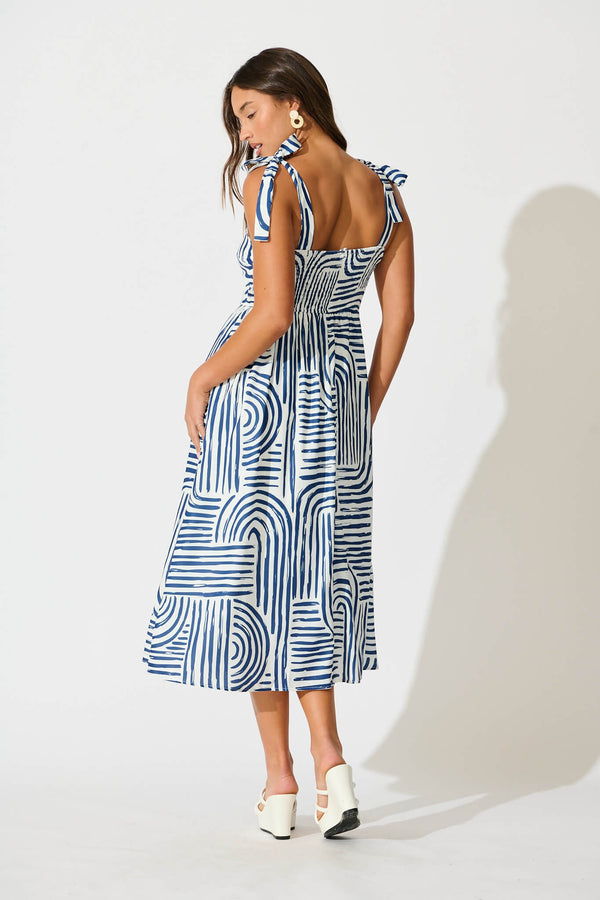Alexea Midi Sundress in Navy with White Print Cotton