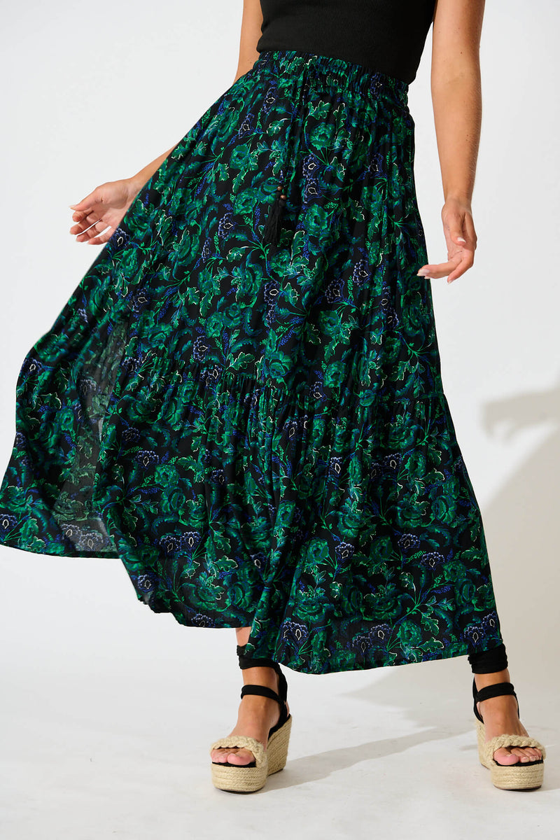 Bilboa Maxi Skirt in Emerald with Green and Blue Floral – St Frock