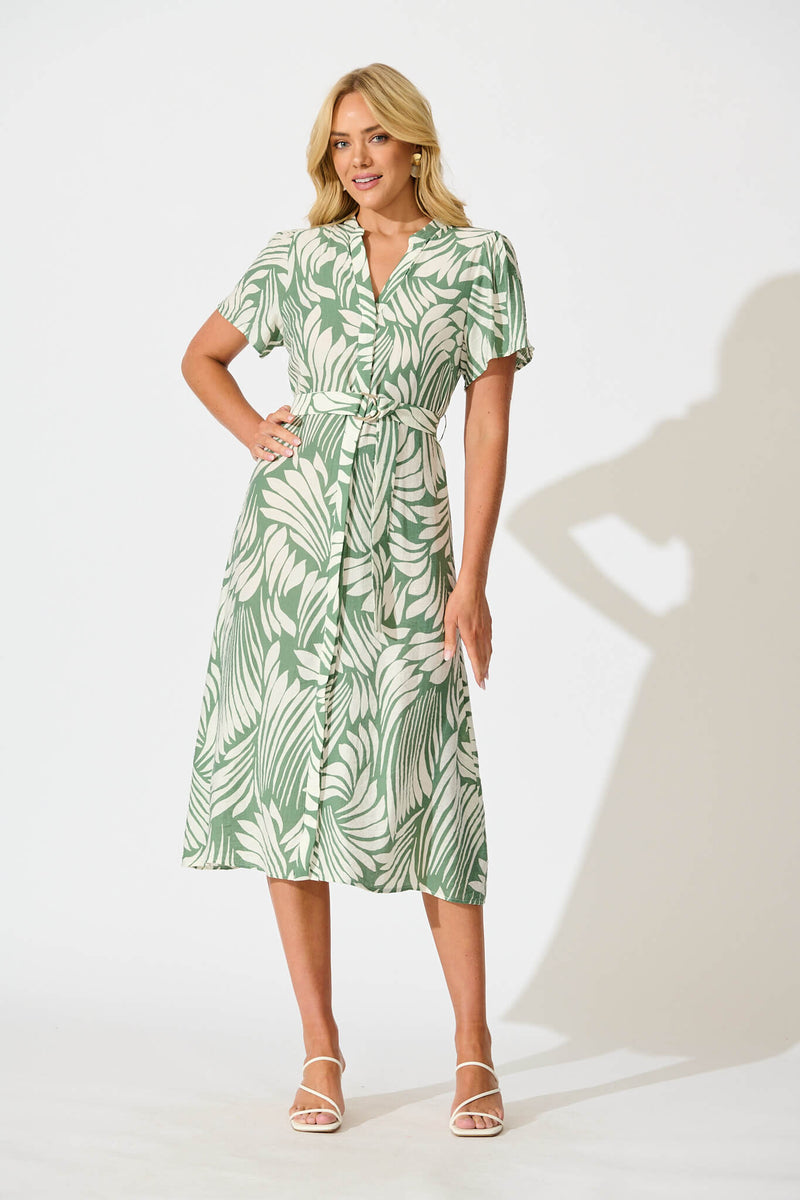 Penelope Midi Shirt Dress in Green with Cream Leaf – St Frock