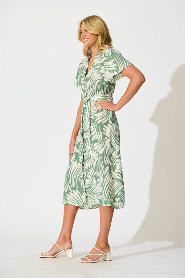 Penelope Midi Shirt Dress in Green with Cream Leaf – St Frock