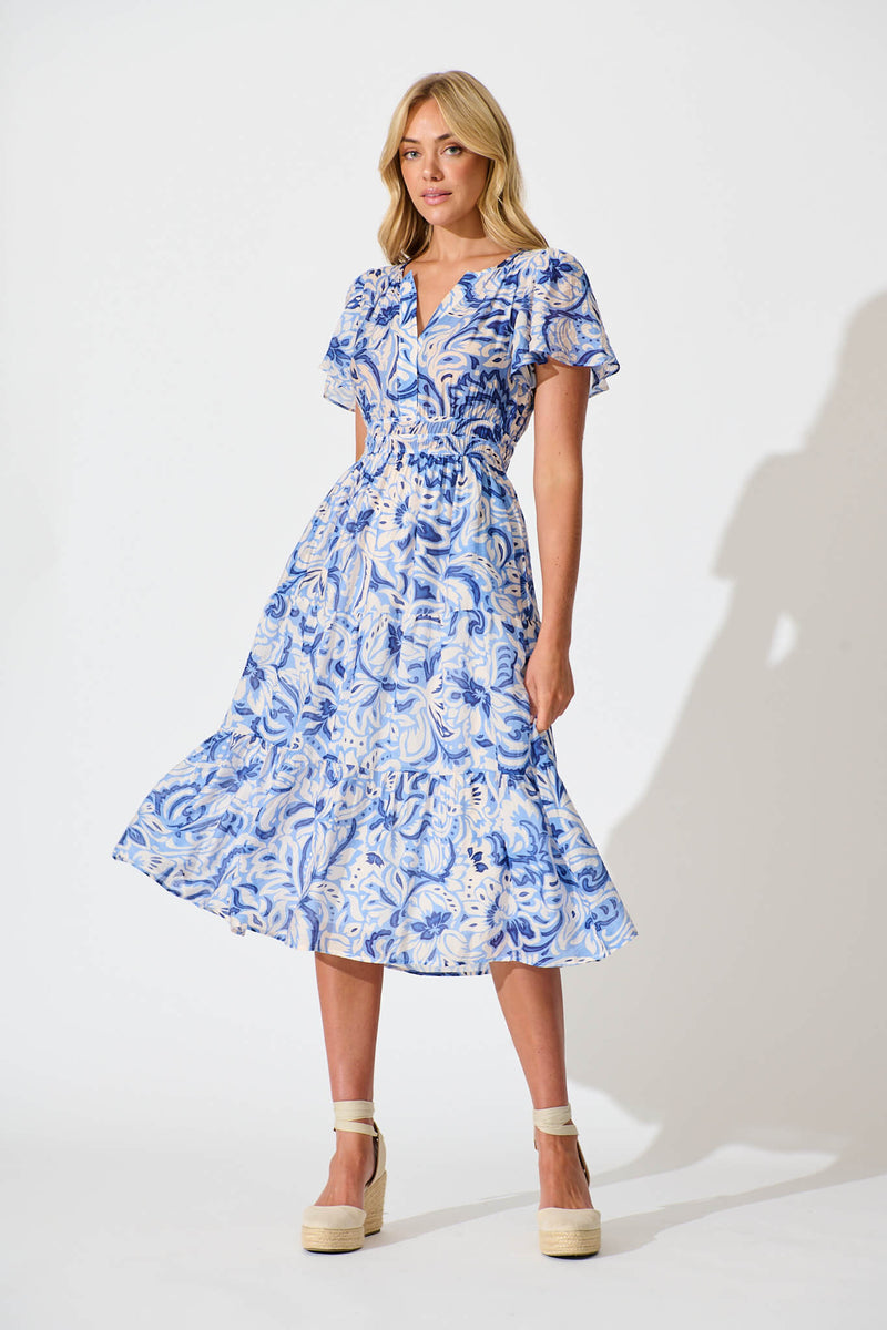 Palm Springs Midi Dress in Blue and White Print – St Frock