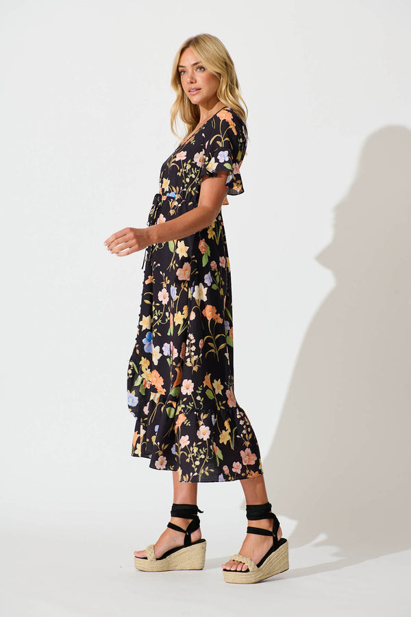 Ellie Midi Dress in Black with Multi Floral  St Frock