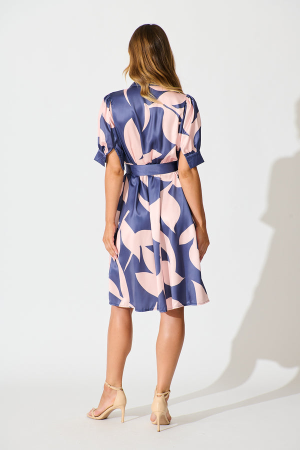 Kristel Shirt Dress In Khaki With Rust Leaf Print Satin