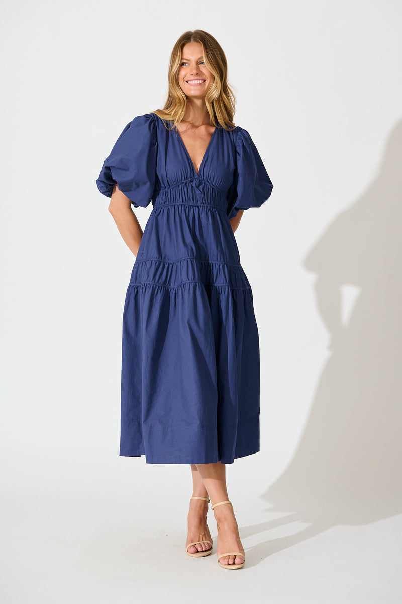 Amalie Midi Dress in Navy with Blush Floral