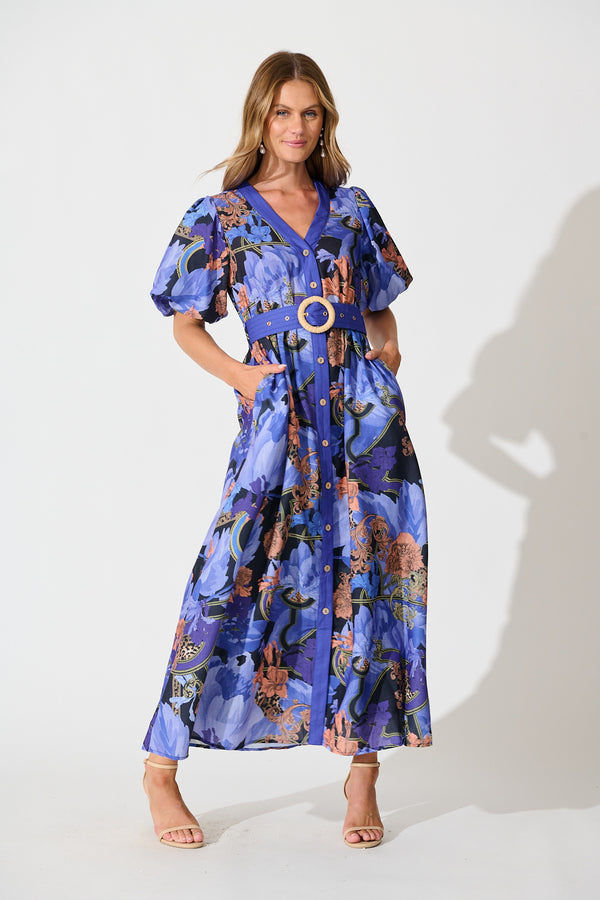 Countess Maxi Dress in Blue Floral Linen Blend
