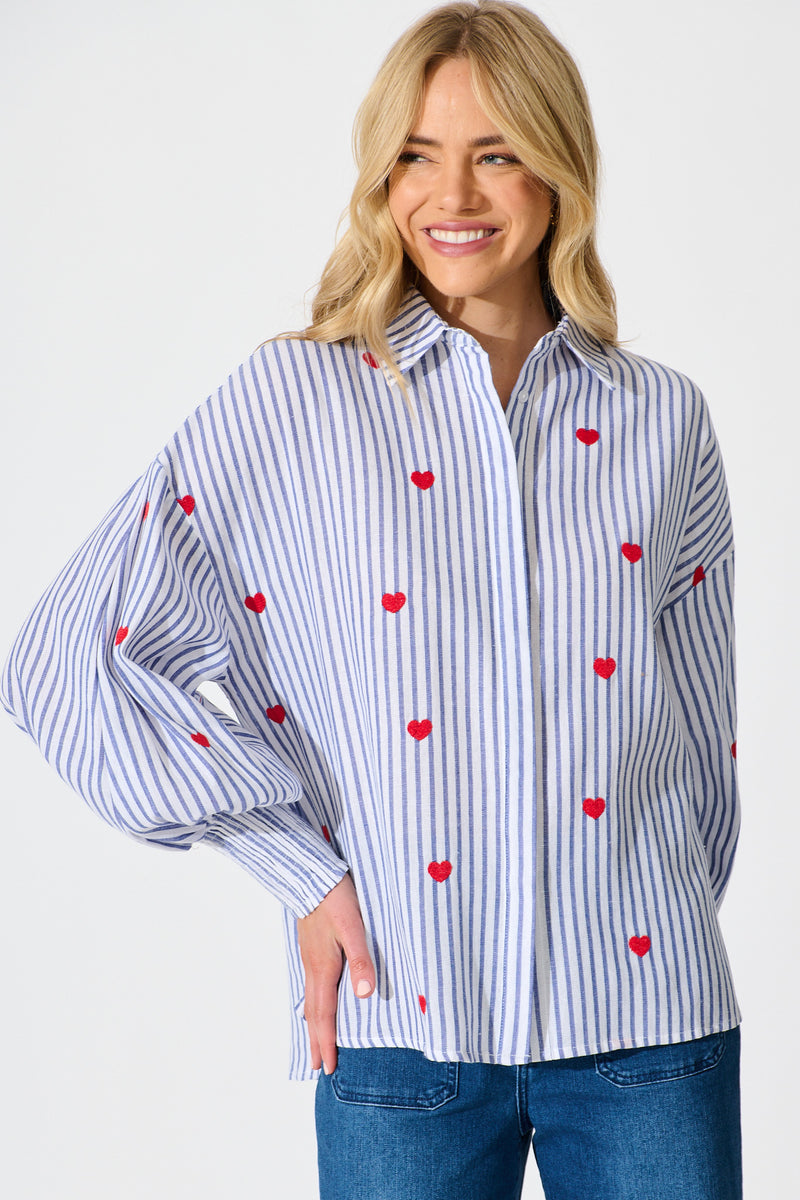 Hearts Desire Shirt in Blue Stripe and Heart Embroidered – St Frock