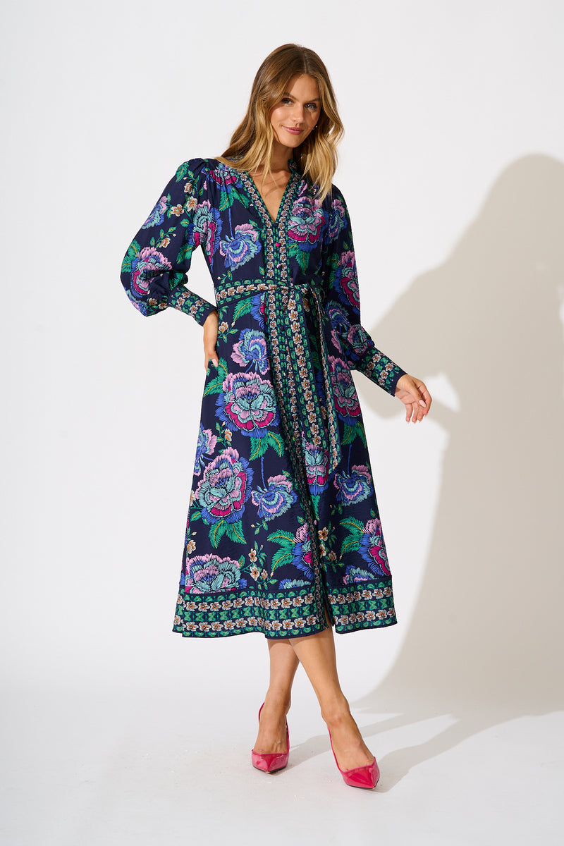 Evelina Midi Dress in Navy with Multi Floral – St Frock