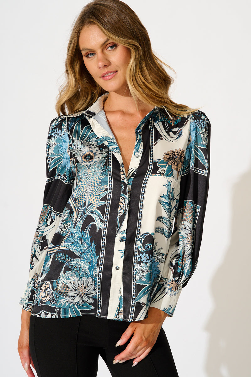 Nolita Shirt in Multi Blue Floral Print Satin main image 0