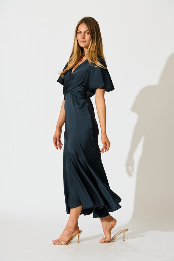 Sunset Serenade Maxi Dress in Emerald Satin