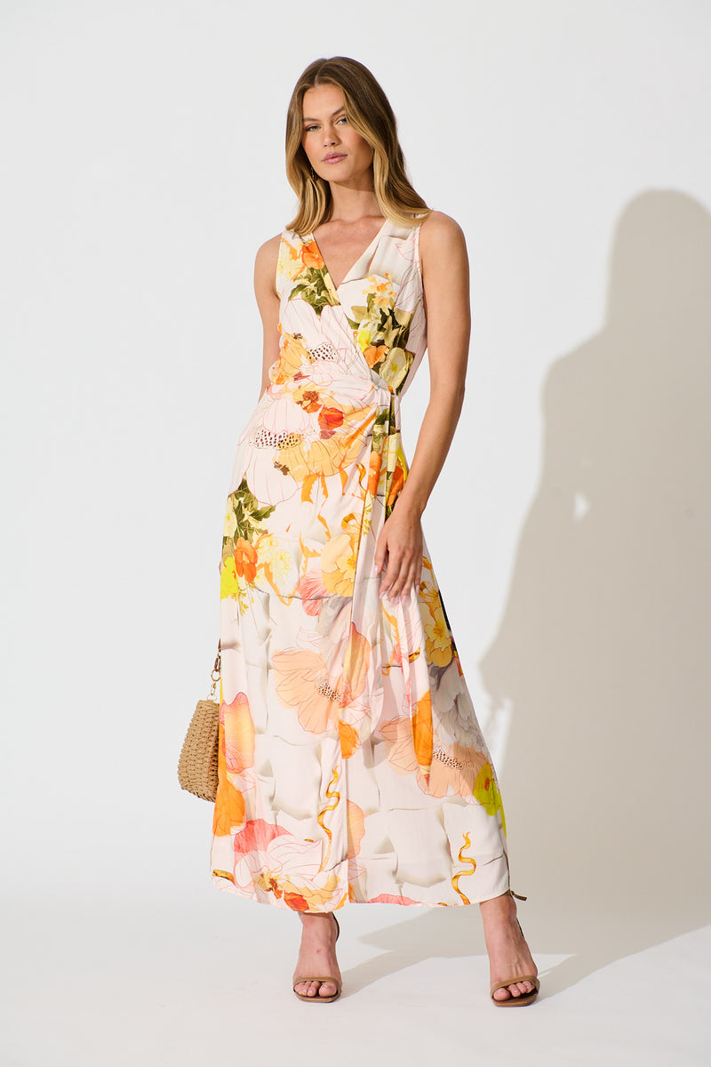 Oriana Maxi Wrap Dress in Orange Floral