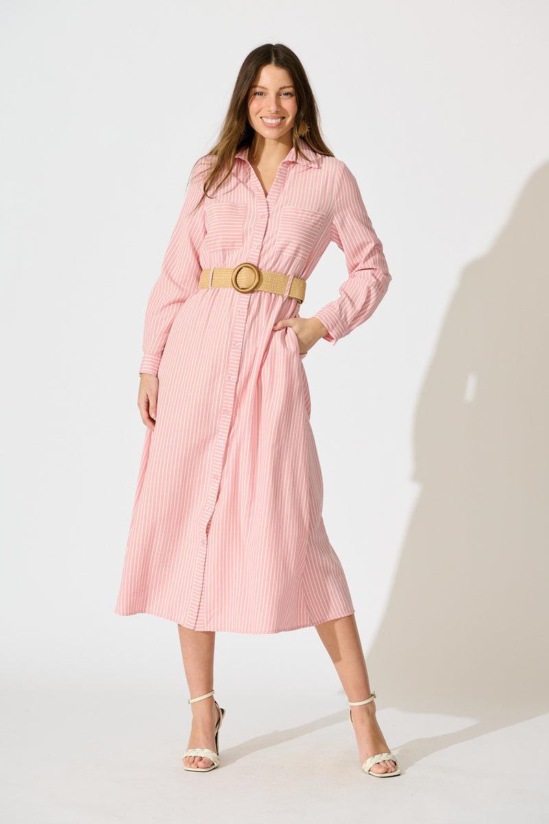 Vilagallo Women's Fuchsia And White Striped Cotton Shirt Dress 33666