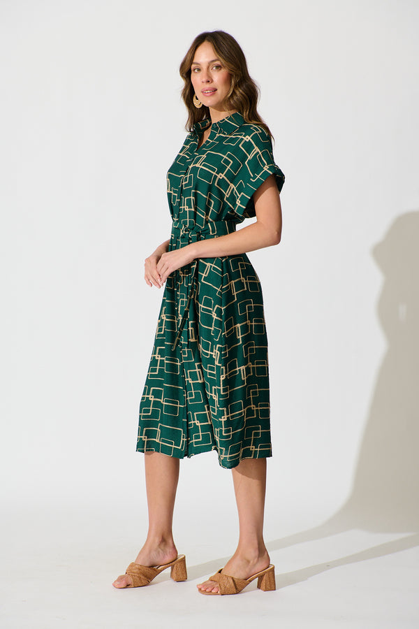 Hartlee Midi Shirt Dress in Navy and Cream Leaf Linen Blend