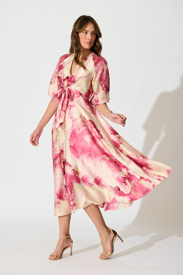 Shayla Off Shoulder Dress in Magenta Watercolour Satin