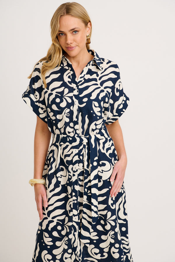 Hartlee Midi Shirt Dress in Navy Embroidery Linen Blend