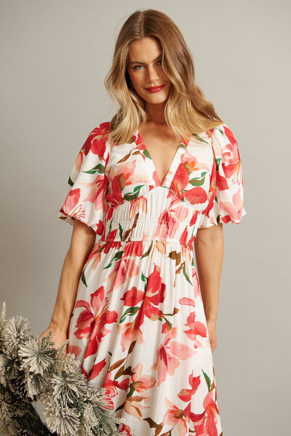 Bloomlit Midi Dress in White with Red Floral Linen Blend