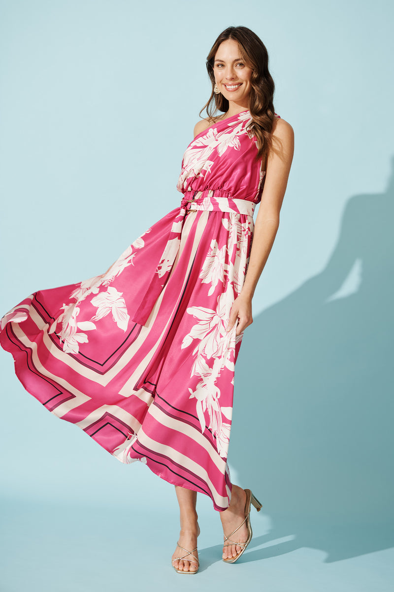 Magenta Floral One Shoulder Asymmetrical Midi Dress main image 1