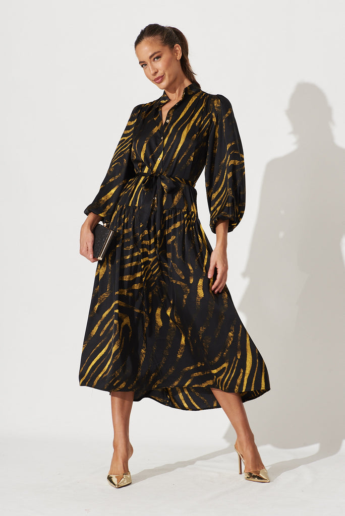 Pippa Maxi Dress In Black With Yellow Print - full length