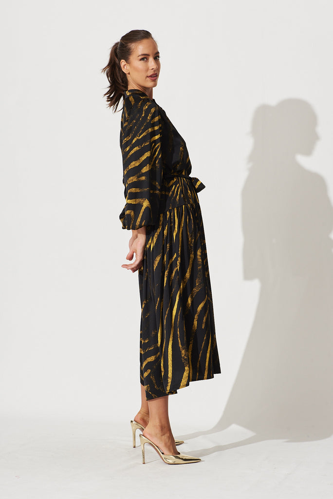 Pippa Maxi Dress In Black With Yellow Print - side
