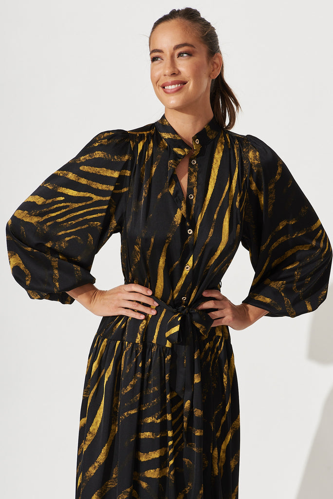 Pippa Maxi Dress In Black With Yellow Print - front
