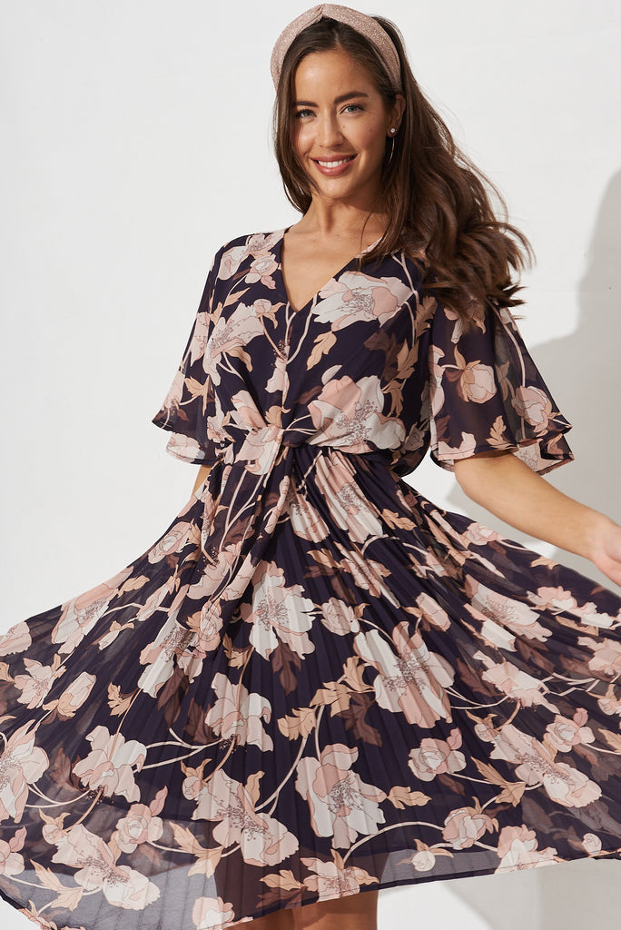 Blakely Dress in Navy Blush Floral Chiffon - front