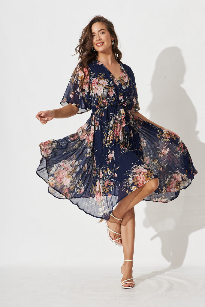 Blakely Dress In Navy Floral Chiffon - Full Length