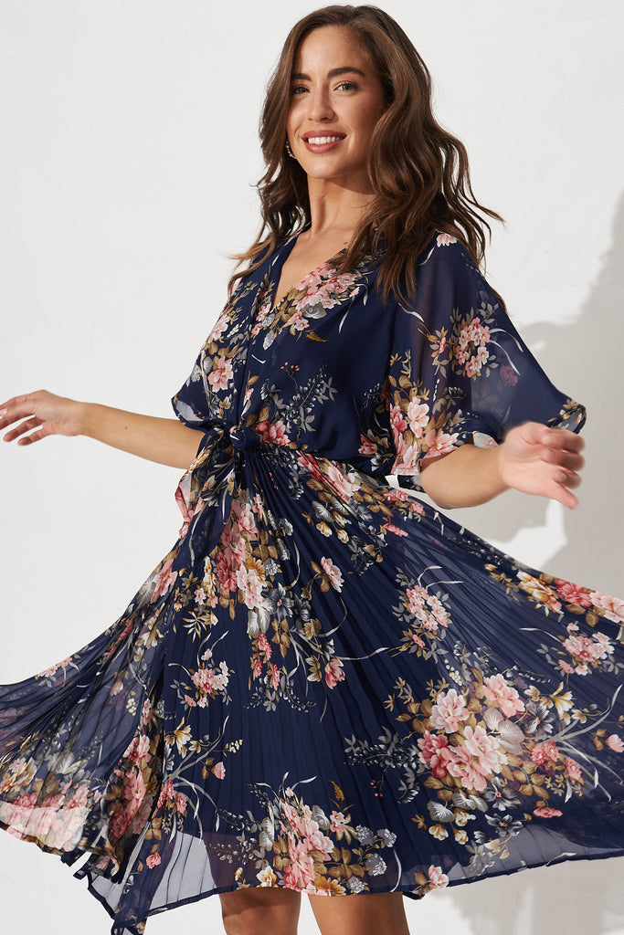 Blakely Dress In Navy Floral Chiffon - front