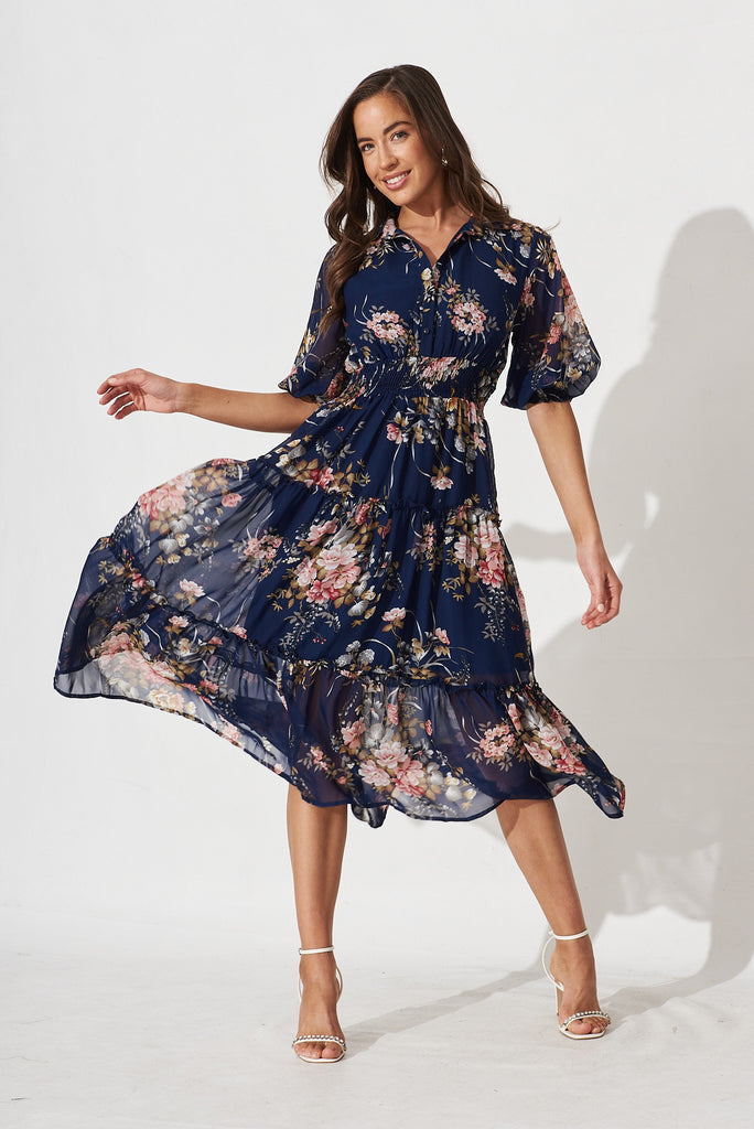 Brittney Maxi Dress In Navy and Pink Floral Chiffon - full length