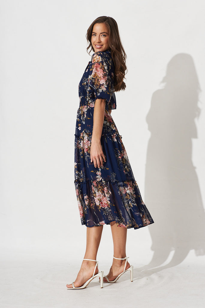 Brittney Maxi Dress In Navy and Pink Floral Chiffon - side