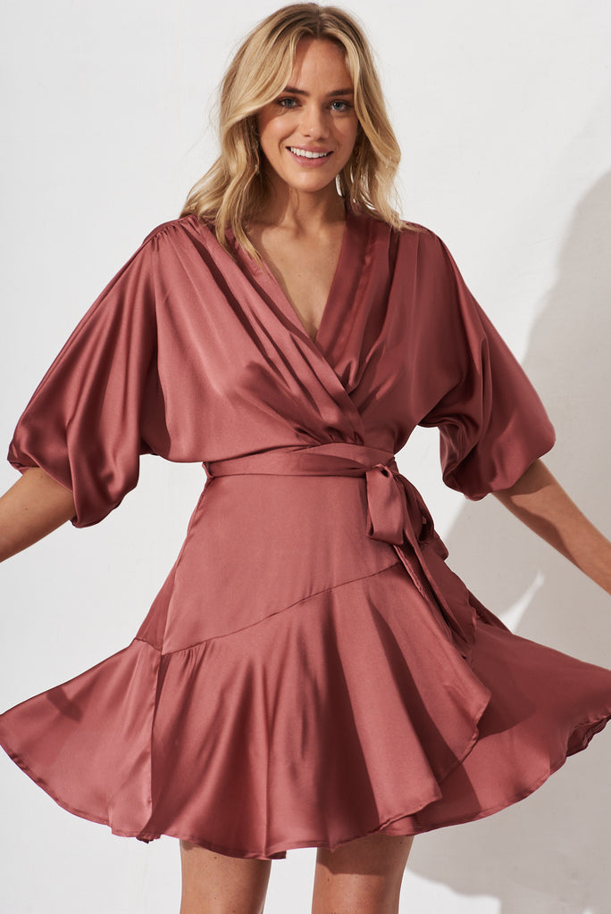 Brylie Dress In Dusty Pink Satin - front